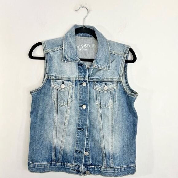 GAP 1969 100% cotton distressed thin denim retro style jean trucker vest Small - Picture 2 of 4